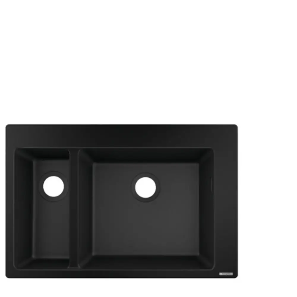 Einbauspüle in Graphitschwarz von Hansgrohe, mit zwei Becken und runden Abflusslöchern, rechteckiger Form und klaren Kanten.